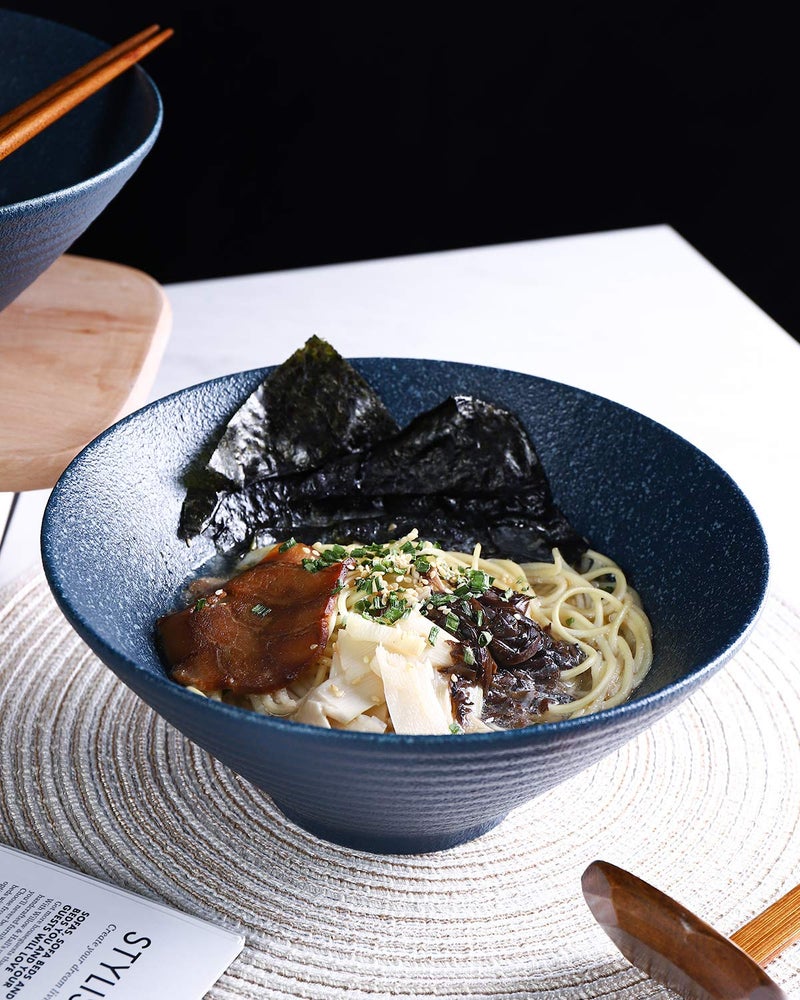Kanwone Ceramic Japanese Ramen Bowl Set, Noodle Soup Bowls - 60 Ounce, with Matching Spoons and Chopsticks for Udon Soba Pho Asian Noodles, Set of 2, Navy - Image 5